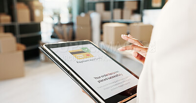 Buy stock photo Hands, logistics and payment with tablet screen for confirmation, ecommerce or checkout in startup. Person, technology or online shopping approved with boxes or app for small business distribution