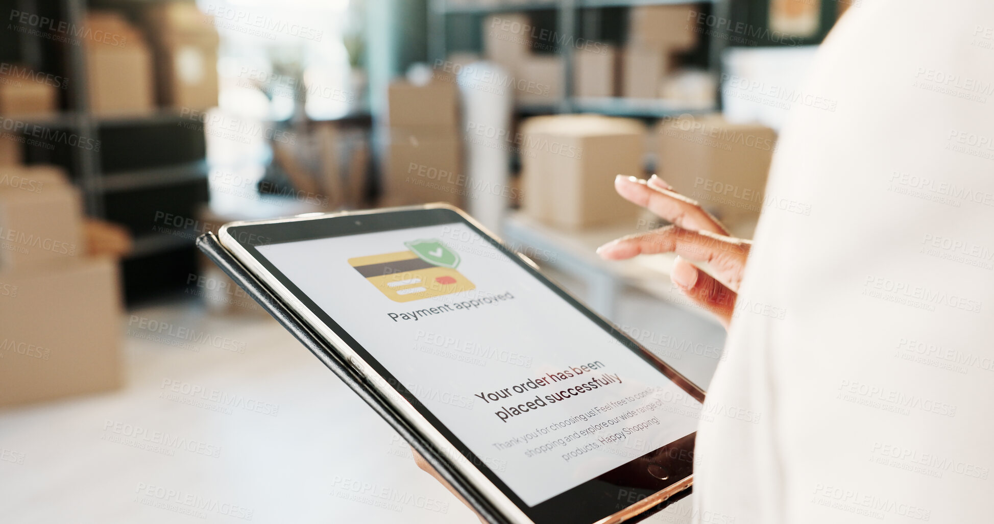 Buy stock photo Hands, logistics and payment with tablet screen for confirmation, ecommerce or checkout in startup. Person, technology or online shopping approved with boxes or app for small business distribution