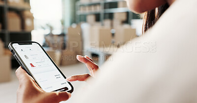Buy stock photo Ecommerce, phone screen and hands in warehouse for fashion, checkout and distribution app. Entrepreneur, person and mobile in small business with catalog, check stock and online shopping cart