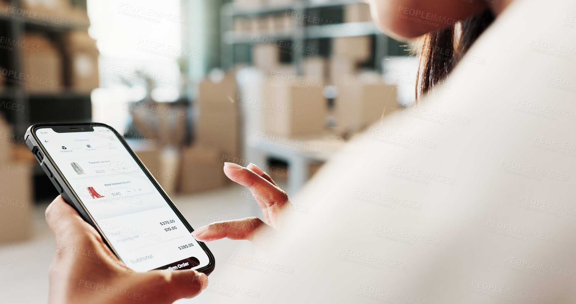 Buy stock photo Ecommerce, phone screen and hands in warehouse for fashion, checkout and distribution app. Entrepreneur, person and mobile in small business with catalog, check stock and online shopping cart
