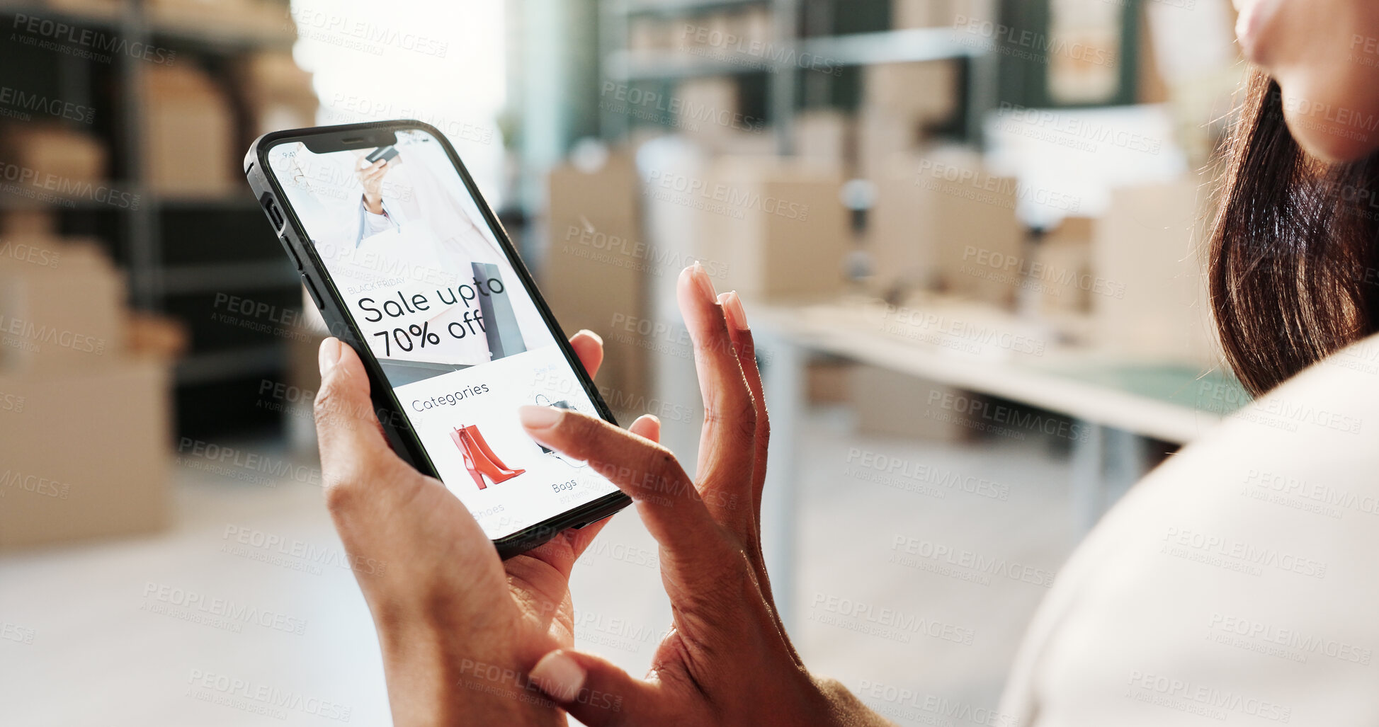Buy stock photo Hands, logistics or online shopping with phone screen for fashion sale, discount or deal in startup. Woman, technology or ecommerce service with boxes, smartphone display or app for small business