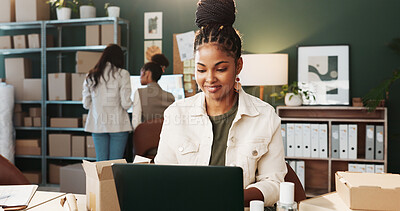 Buy stock photo Logistics, smile or woman in office with laptop, parcel track or stock control in shipping service. Distribution, ecommerce or supplier with tech, inventory management or order status on courier site