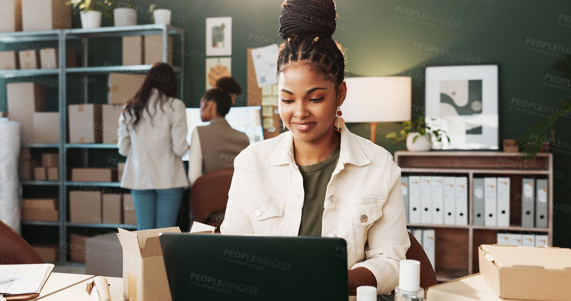 Buy stock photo Logistics, smile or woman in office with laptop, parcel track or stock control in shipping service. Distribution, ecommerce or supplier with tech, inventory management or order status on courier site