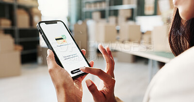 Buy stock photo Online shopping, phone screen and hands in warehouse for purchase, check mark and sale approval. Entrepreneur, person or mobile in small business for payment service, click or confirmation on website
