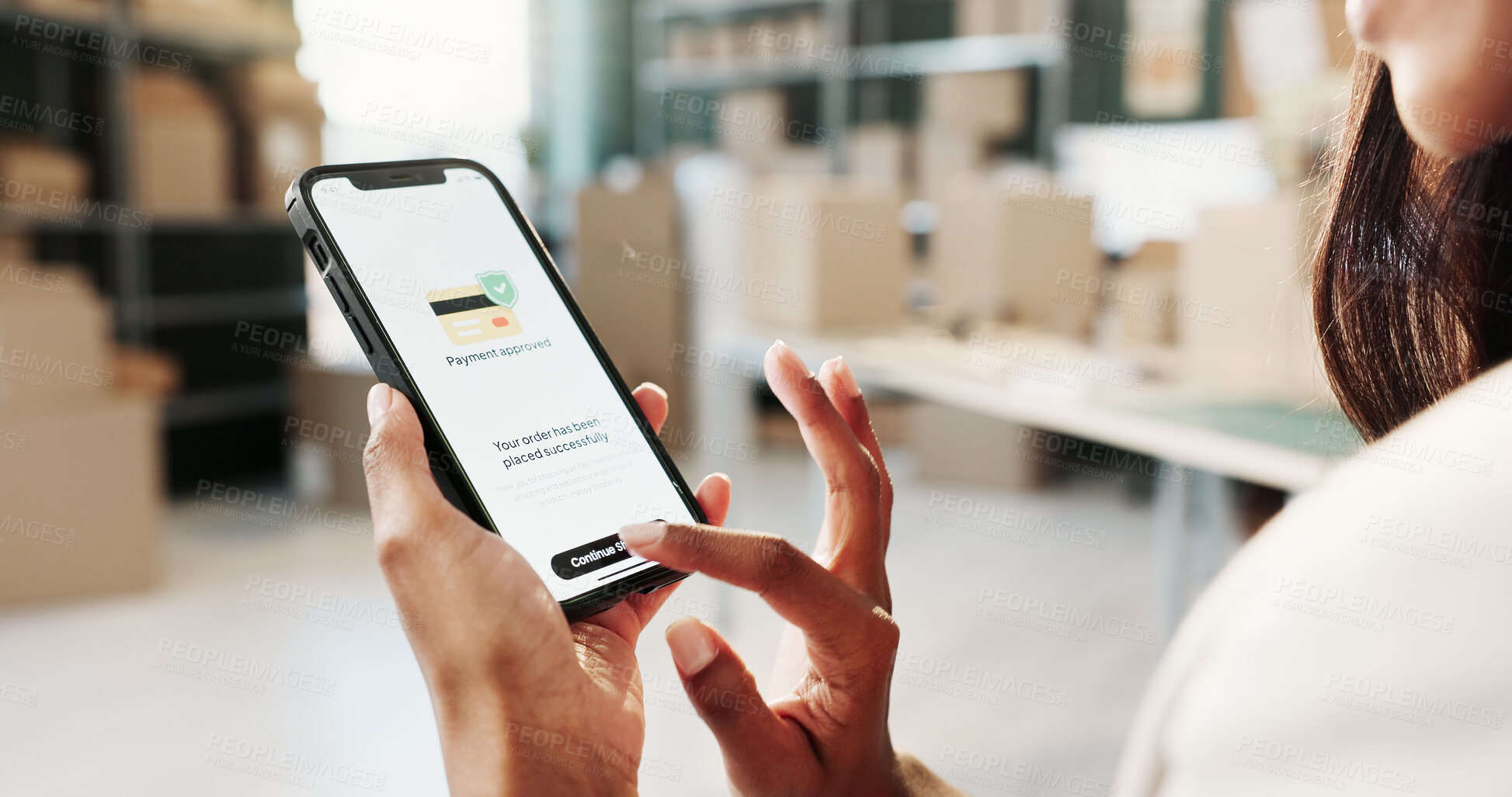 Buy stock photo Online shopping, phone screen and hands in warehouse for purchase, check mark and sale approval. Entrepreneur, person or mobile in small business for payment service, click or confirmation on website