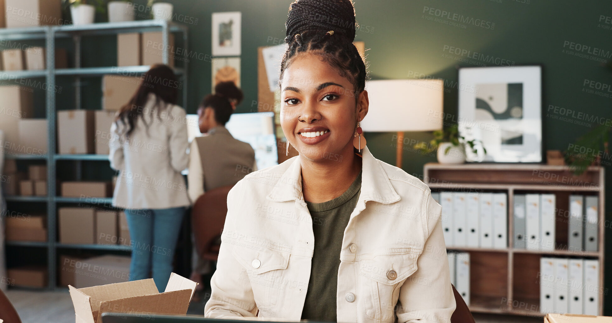 Buy stock photo Woman, portrait and smile with small business workplace, owner with courier and entrepreneurship growth. Female person, dropshipping startup and pride in export company with ambition and development
