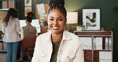 Buy stock photo Woman, portrait and smile at small business office with owner, courier and entrepreneurship growth. Female person, dropshipping startup and pride in export company with ambition and development