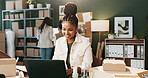 Logistics, smile or woman in agency with laptop, parcel track or stock control in shipping service. Distribution, ecommerce or supplier with tech, inventory management or order status on courier site
