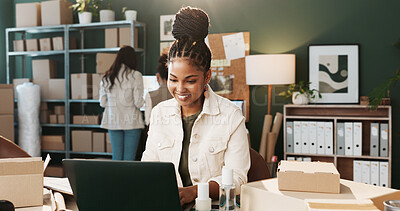 Buy stock photo Logistics, smile or woman in agency with laptop, parcel track or stock control in shipping service. Distribution, ecommerce or supplier with tech, inventory management or order status on courier site