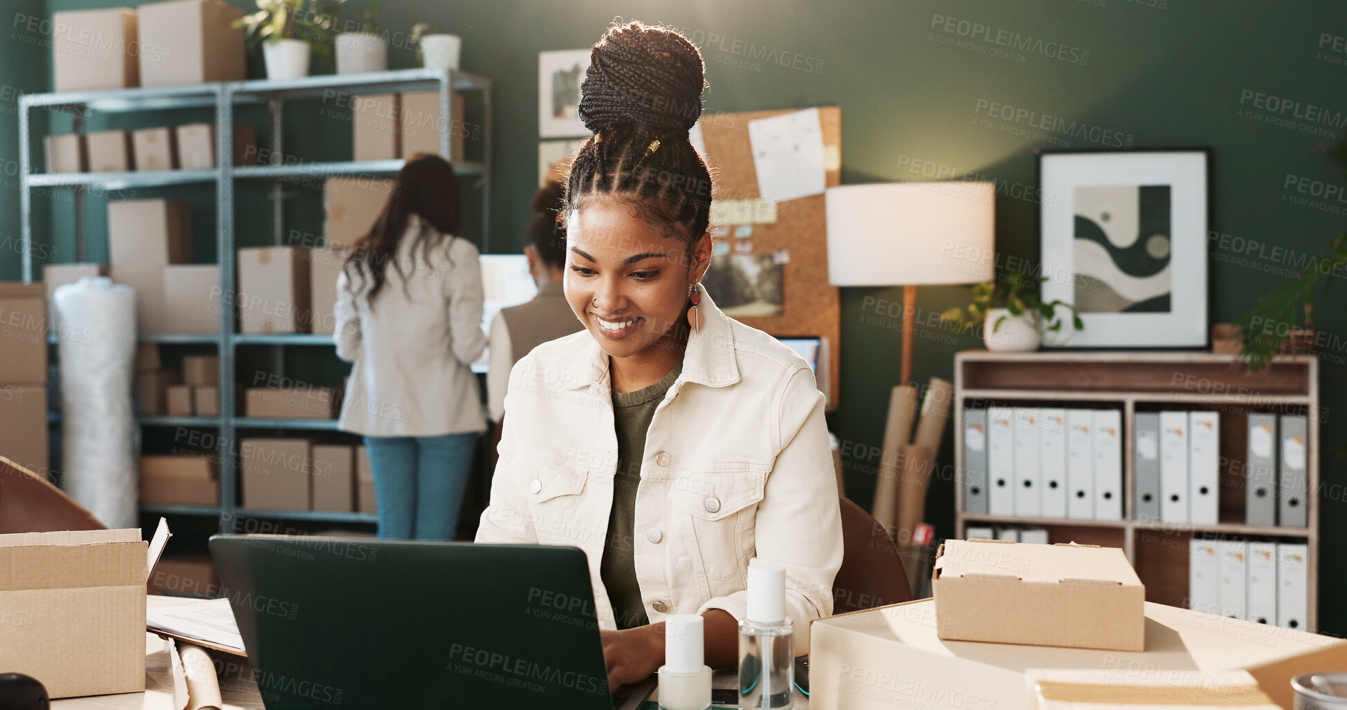 Buy stock photo Logistics, smile or woman in agency with laptop, parcel track or stock control in shipping service. Distribution, ecommerce or supplier with tech, inventory management or order status on courier site
