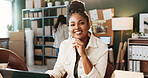 Logistics, portrait or woman in office with laptop, positive attitude or about us in supply chain. Distribution, optimism or supplier with technology, confidence or career pride in courier service.