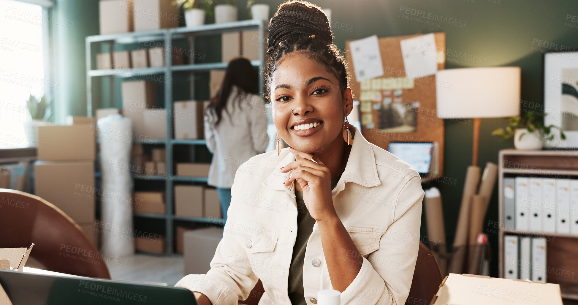 Buy stock photo Logistics, portrait or woman in office with laptop, positive attitude or about us in supply chain. Distribution, optimism or supplier with technology, confidence or career pride in courier service.