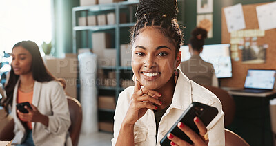 Buy stock photo Woman, portrait and phone for small business with smile, owner and courier app for entrepreneurship growth. Person, mobile and colleagues at dropshipping startup with pride and tech for ecommerce