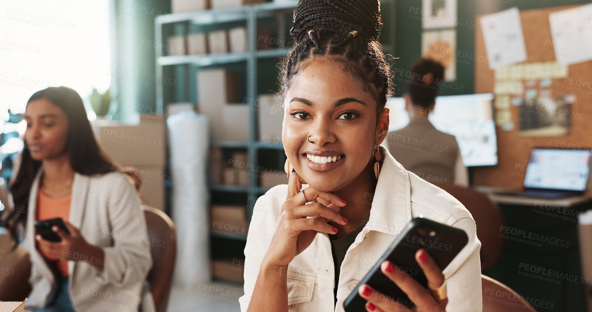 Buy stock photo Woman, portrait and phone for small business with smile, owner and courier app for entrepreneurship growth. Person, mobile and colleagues at dropshipping startup with pride and tech for ecommerce