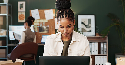 Buy stock photo Logistics, review or woman in office with laptop, delivery track or stock control in supply chain. Ecommerce, coworking or courier with tech, inventory management or order status on distribution site