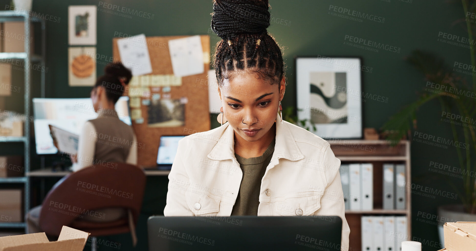 Buy stock photo Logistics, review or woman in office with laptop, delivery track or stock control in supply chain. Ecommerce, coworking or courier with tech, inventory management or order status on distribution site