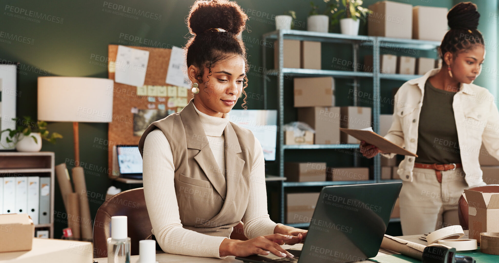 Buy stock photo Logistics, track or woman in office with laptop, delivery update or stock control in supply chain. Distribution, ecommerce or supplier with tech, inventory management or order status on courier site.