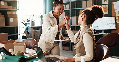 Buy stock photo Clipboard, high five and logistics with women in office together for delivery or distribution goals. Collaboration, documents and support with excited supply chain team in warehouse for celebration
