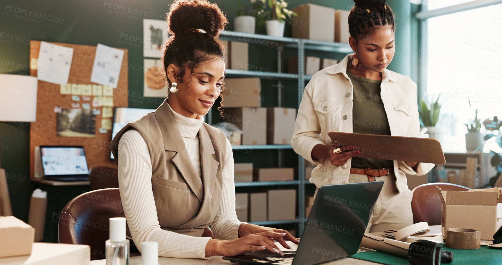 Buy stock photo Ecommerce, team and checklist in office with laptop, online order verification or typing shipping info. Women, partnership and logistics in small business with computer, clipboard or courier website.