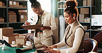 Ecommerce, team and clipboard in office with laptop, online order verification or shipping discussion. Happy, women and collaboration in small business with computer, courier and logistics checklist.
