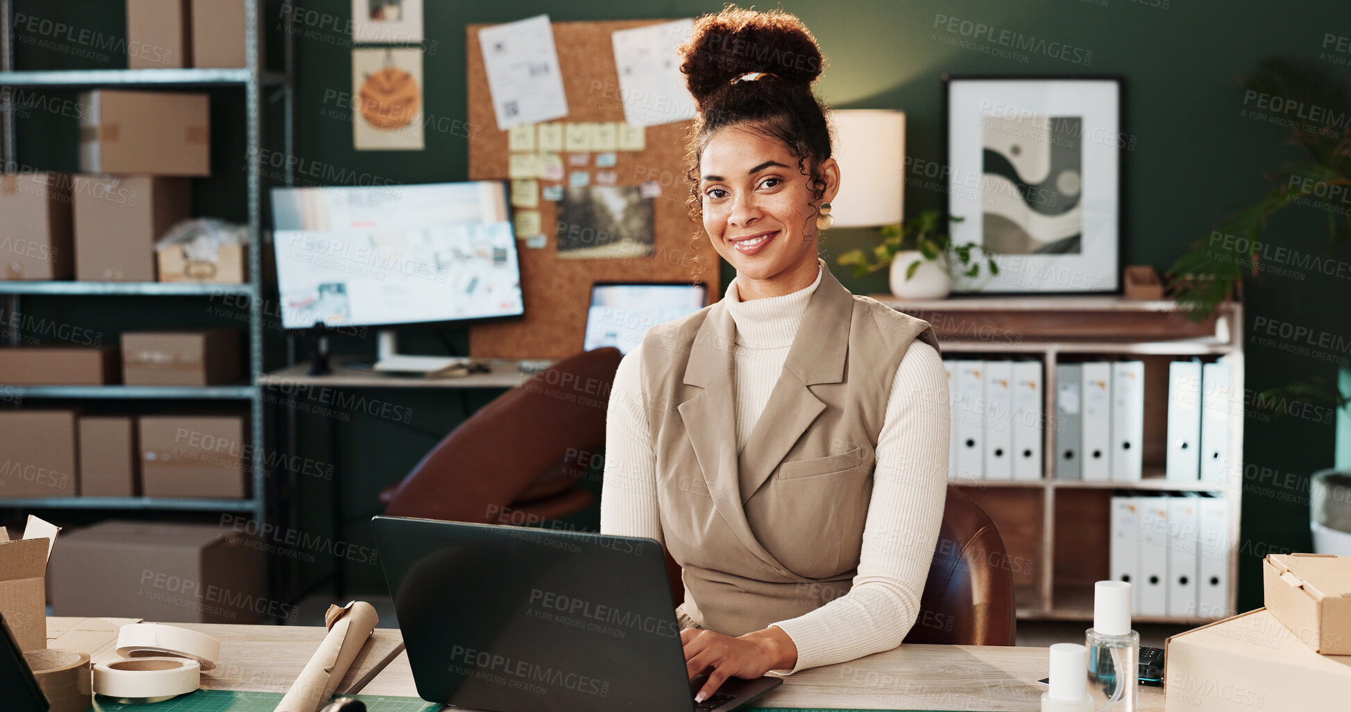 Buy stock photo Logistics, portrait or woman in office with laptop, delivery track or stock control in supply chain. Ecommerce, smile or courier with tech, inventory management or order status on distribution site.