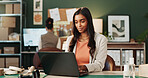Logistics, review or woman in agency with laptop, delivery track or stock control in supply chain. Ecommerce, coworking or courier with tech, inventory management or order status on distribution site