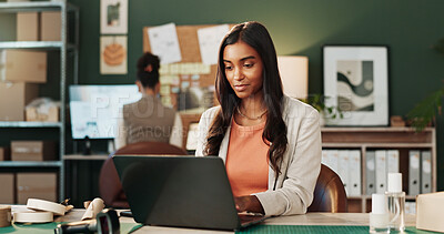 Buy stock photo Logistics, review or woman in agency with laptop, delivery track or stock control in supply chain. Ecommerce, coworking or courier with tech, inventory management or order status on distribution site