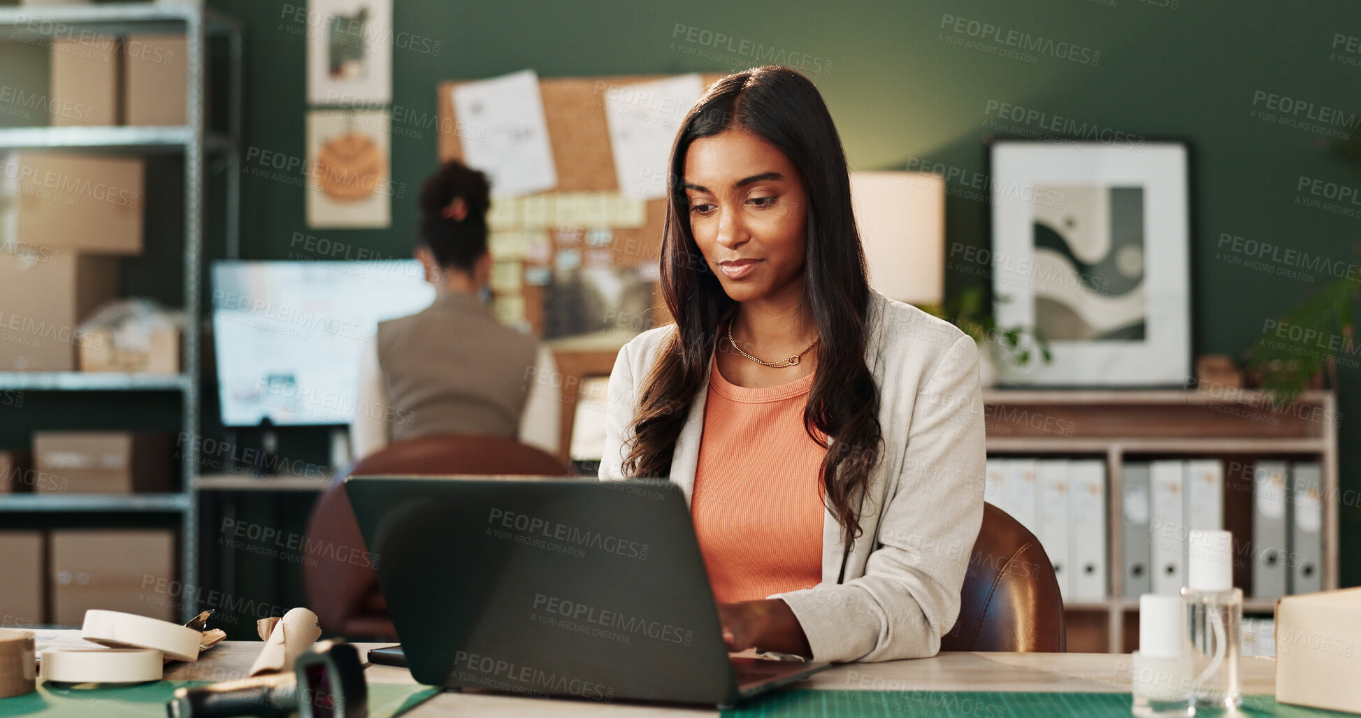 Buy stock photo Logistics, review or woman in agency with laptop, delivery track or stock control in supply chain. Ecommerce, coworking or courier with tech, inventory management or order status on distribution site