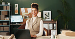 Logistics, portrait or woman in agency with laptop, parcel track or stock control in supply chain. Distribution, smile or supplier with tech, inventory management or order status on ecommerce site.