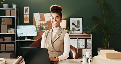 Buy stock photo Logistics, portrait or woman in agency with laptop, parcel track or stock control in supply chain. Distribution, smile or supplier with tech, inventory management or order status on ecommerce site.