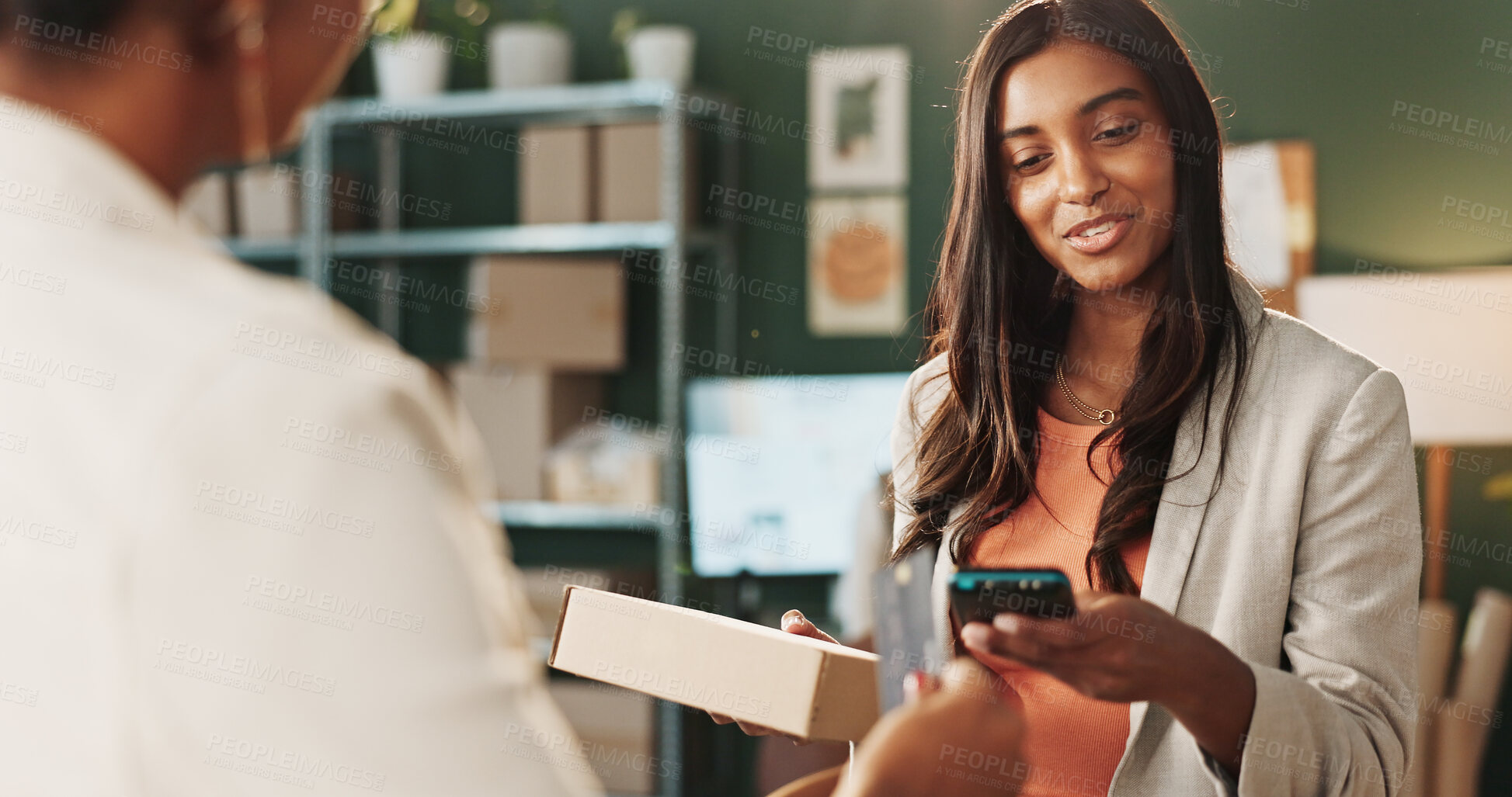 Buy stock photo Woman, box or pos machine with customer for payment, small business logistics or ecommerce. Female person, package or parcel with smile, credit card or NFC for b2c or online shopping service in store
