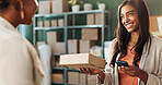 Box, customer and pos machine with happy woman for payment, small business logistics or ecommerce. Female person, package or parcel with smile or NFC for b2c or online shopping service in store
