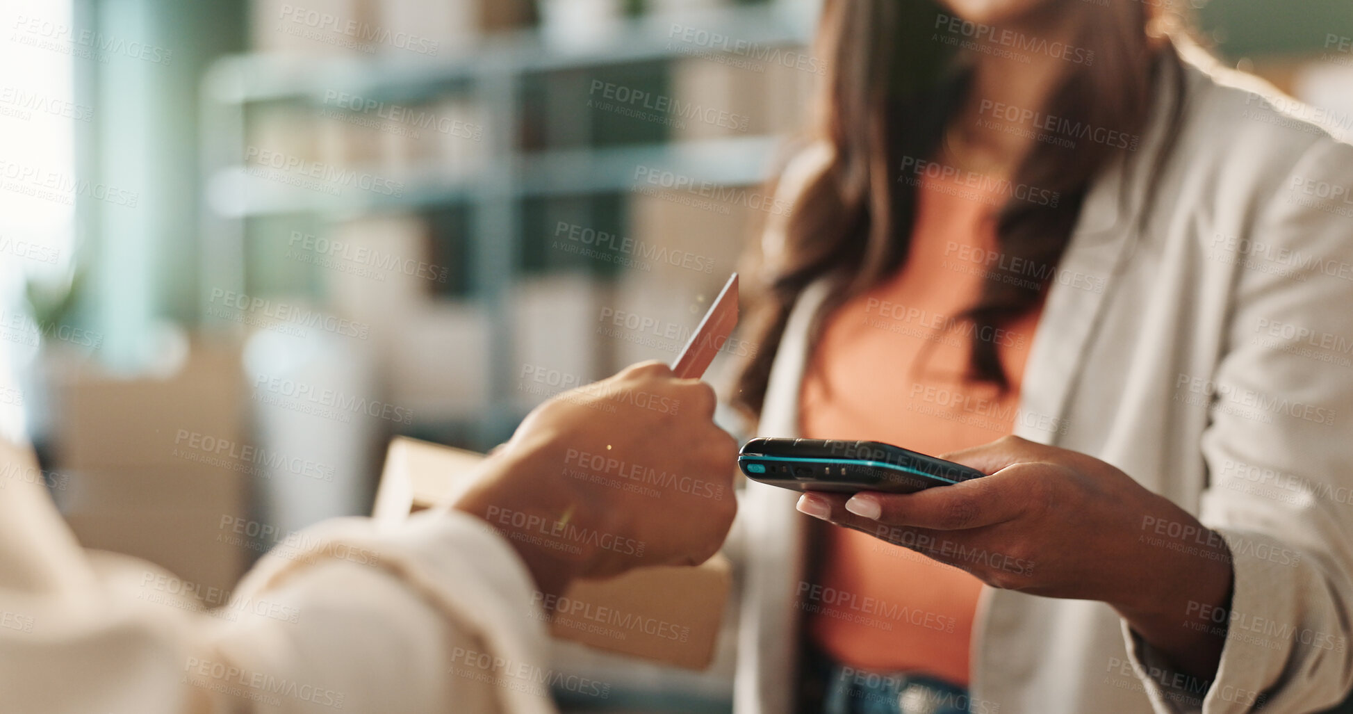 Buy stock photo Hands, logistics and pos machine with credit card for payment, checkout or small business ecommerce. Woman, box and debit with NFC, parcel or package for wireless transaction or purchase in store