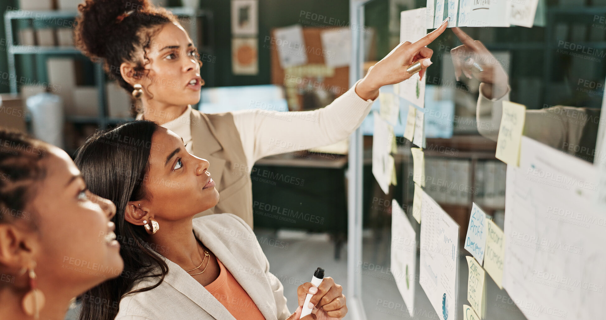 Buy stock photo Glass wall, planning and pointing with woman in logistics warehouse for team discussion. Ecommerce, storyboard and question with employees in supply chain office for delivery or distribution schedule