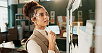 Glass wall, planning and thinking with woman in logistics warehouse for problem solving. Ecommerce, storyboard and vision with thoughtful employee in supply chain office for delivery or distribution