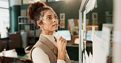 Buy stock photo Glass wall, planning and thinking with woman in logistics warehouse for problem solving. Ecommerce, storyboard and vision with thoughtful employee in supply chain office for delivery or distribution