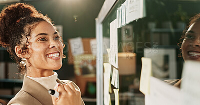 Buy stock photo Fist pump, glass wall and planning with woman in logistics warehouse for celebration or success. Ecommerce, goals and storyboard with happy employee in office for delivery or distribution target