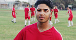 Smile, fitness and portrait of soccer player on field for game, workout or training with championship. Sports, man and athlete with confidence for football match, exercise or practice outdoor.