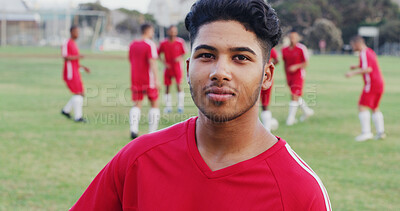 Buy stock photo Smile, fitness and portrait of soccer player on field for game, workout or training with championship. Sports, man and athlete with confidence for football match, exercise or practice outdoor.