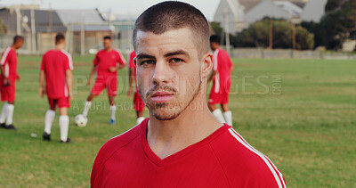 Buy stock photo Serious, fitness and portrait of soccer player on field for game, workout or training with championship. Sports, man and athlete with confidence for football match, exercise or practice outdoor.