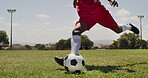 Man, kick and fitness with ball for soccer, performance and match practice for competition. Male person, action and equipment at park for football, exercise and training skills for sports tournament