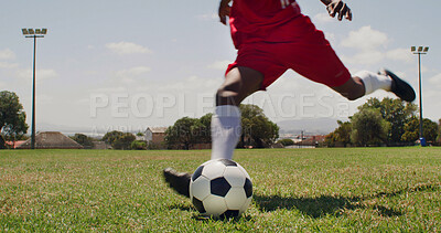 Buy stock photo Man, kick and fitness with ball for soccer, performance and match practice for competition. Feet, male person and equipment at park for football, exercise and training skills for sports tournament