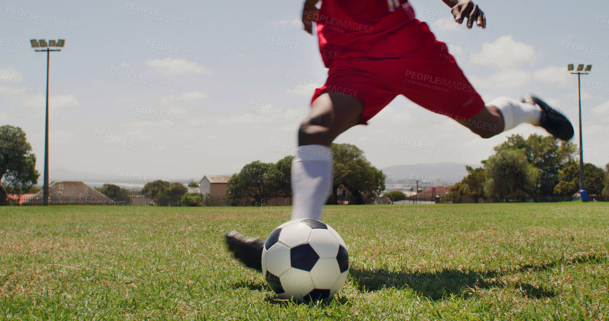 Buy stock photo Man, kick and fitness with ball for soccer, performance and match practice for competition. Feet, male person and equipment at park for football, exercise and training skills for sports tournament