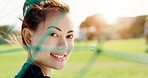 Smile, net and woman on soccer field for fitness, training and positive attitude for match. Portrait, female person and confidence outdoor for football, exercise and practice sports for competition