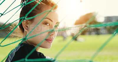 Buy stock photo Soccer, woman and thinking on field with practice, game plan and goalie contemplating for training. Flare, female person and football player outdoor with net, fitness and idea for sports tactics.