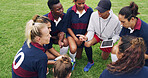 Tablet, advice and rugby with women on field for teamwork, game plan and discussion together. Sports strategy, defense formation and training tips with people in stadium for coaching and fitness