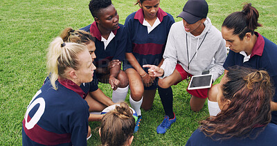 Buy stock photo Tablet, advice and rugby with women on field for teamwork, game plan and discussion together. Sports strategy, defense formation and training tips with people in stadium for coaching and fitness