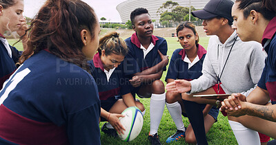 Buy stock photo Tablet, huddle and rugby with women on field for teamwork, game plan and discussion together. Sports strategy, defense formation and training tips with people in stadium for coaching  and fitness