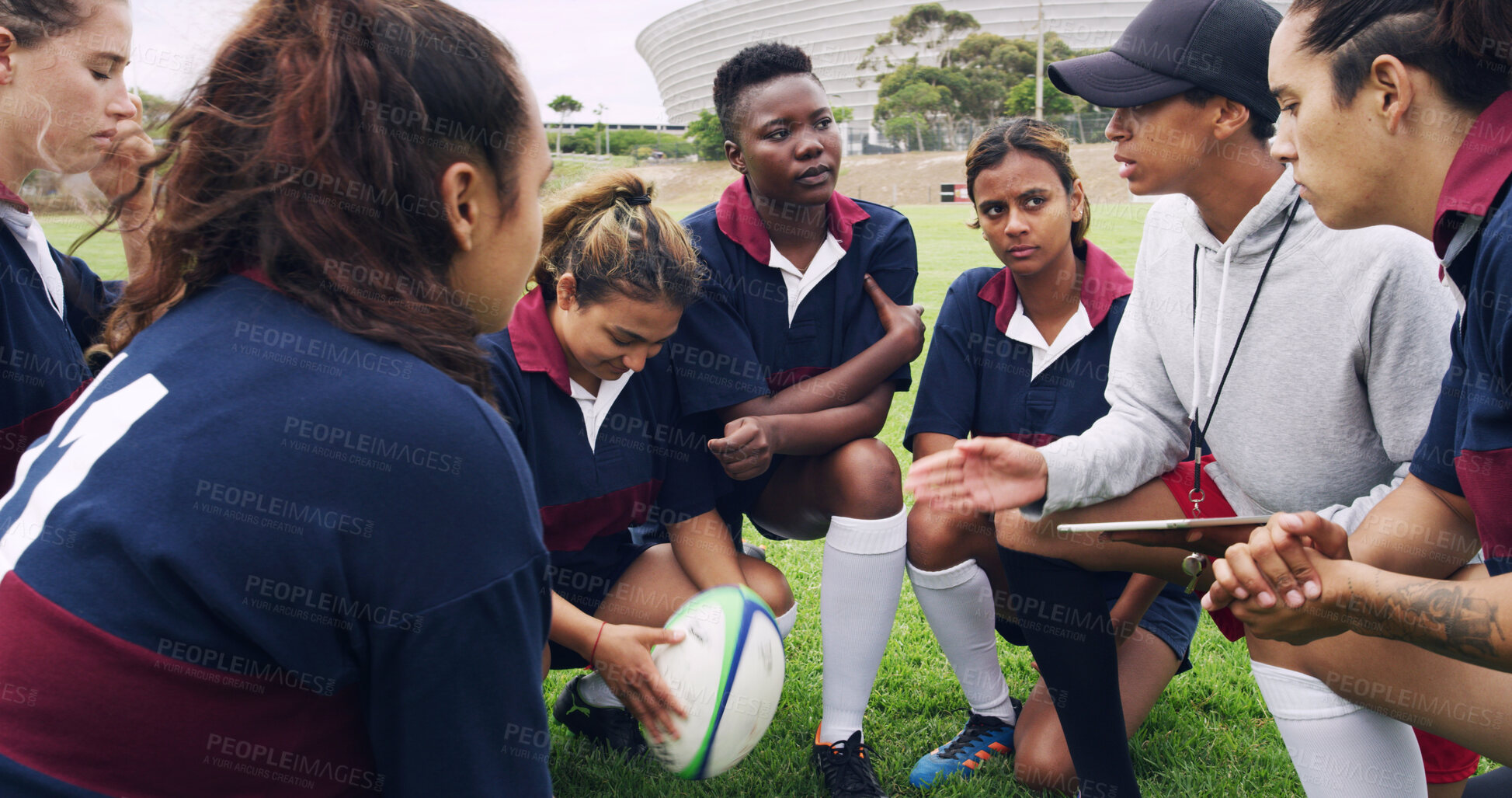 Buy stock photo Tablet, huddle and rugby with women on field for teamwork, game plan and discussion together. Sports strategy, defense formation and training tips with people in stadium for coaching  and fitness