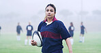 Rugby, serious and portrait of woman on field for training, game challenge and sports tournament. Fitness, match practice and competition with person in stadium for championship, ball and athlete